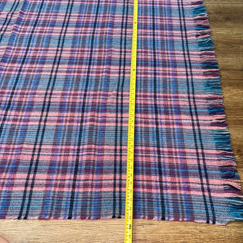 Vintage Kirkburn Mills Scotland Wool Tartan Throw Blanket Pink Blue Fringe 72x59